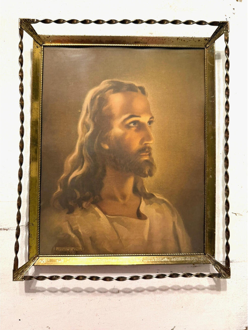1941 Lithograph Jesus Christ,  Framed Twisted Brass, country, religious